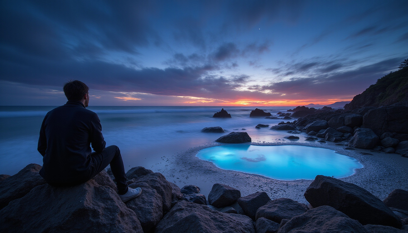 Nighttime coastal photographer silhouetted on rock, long exposure captures oversized moonrise and glowing tidal pools