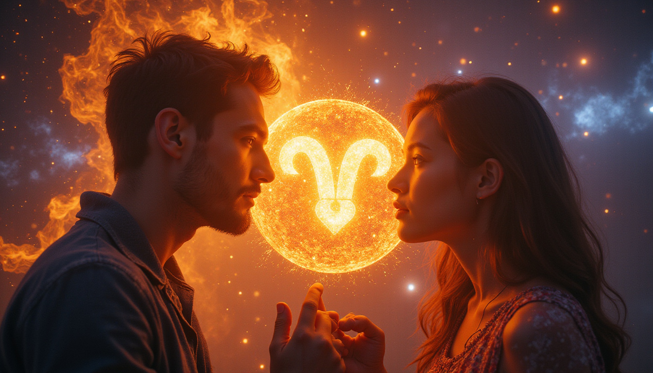 Aries symbol blazing between lovers, nebula backdrop, astrological glyphs glowing, intense attraction