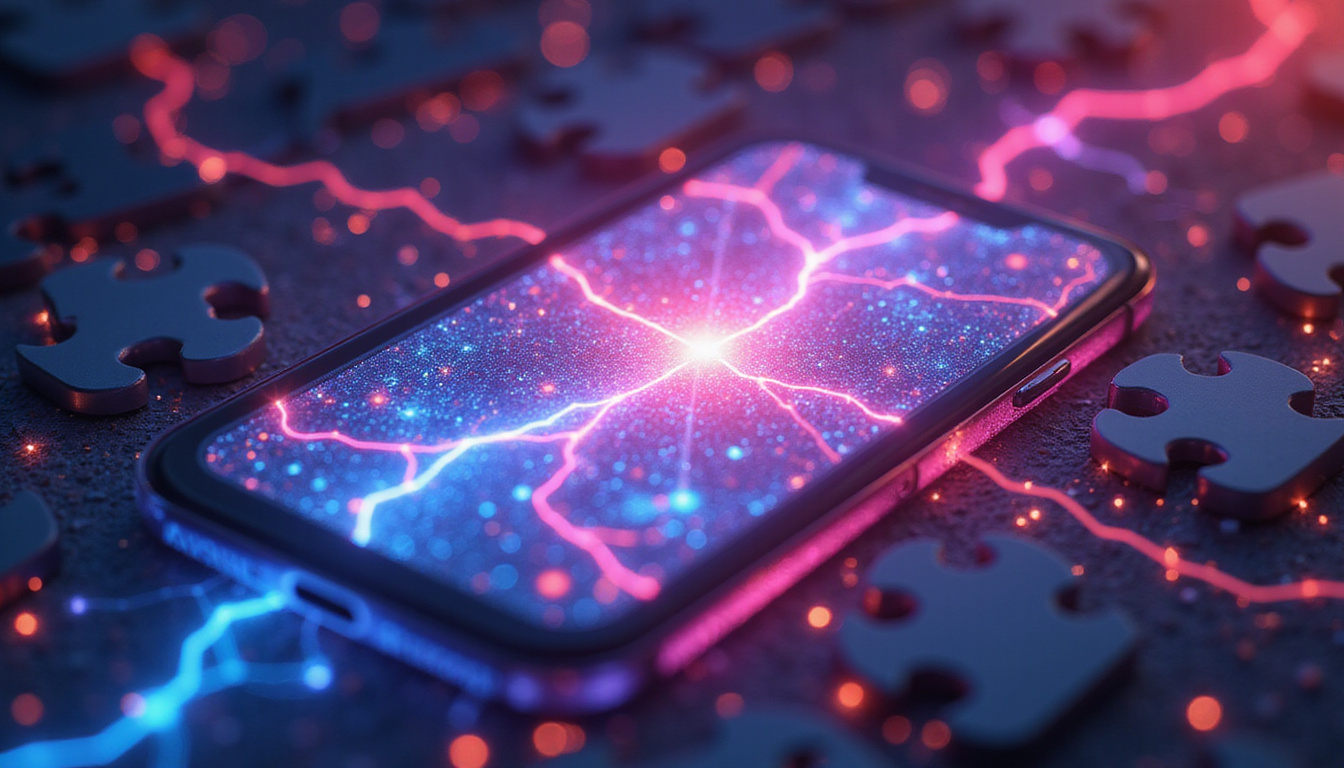 Holographic mobile interface, neural pathways of engagement, vibrant neon, puzzle pieces aligning, futuristic studio