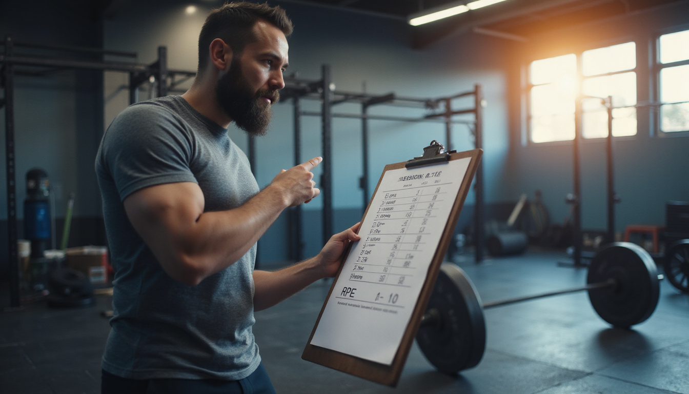  Coach pointing to clipboard showing Session RPE 1-10, barbell, motivational stadium light