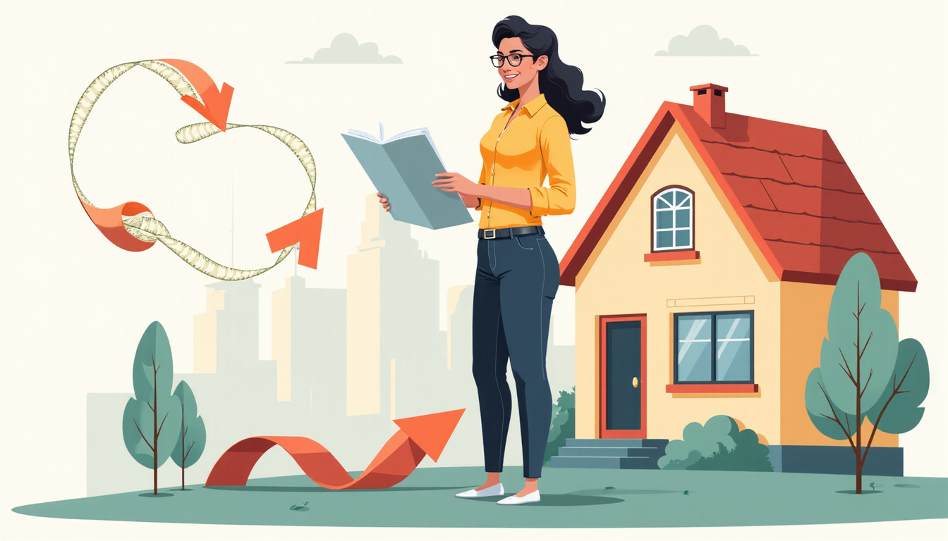  Confident homeowner reviewing mortgage papers, cash flowing like ribbon, flexible arrows, urban skyline background