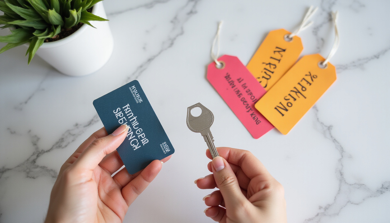  Hands holding hotel keycard and discount code, price tags crossed out on marble table