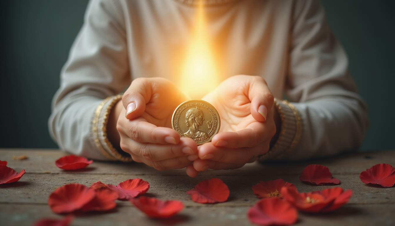  Praying hands holding medal, soft ethereal light, protective aura, rose petals, vintage devotional atmosphere