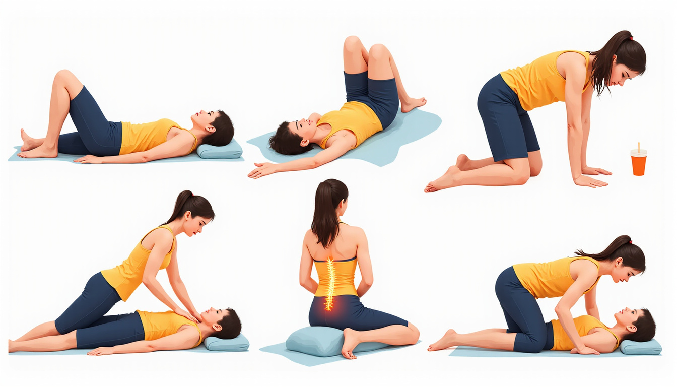 Series of illustrated back therapy scenes: stretches, posture correction, acupuncture, heat pack, glowing anatomical spine