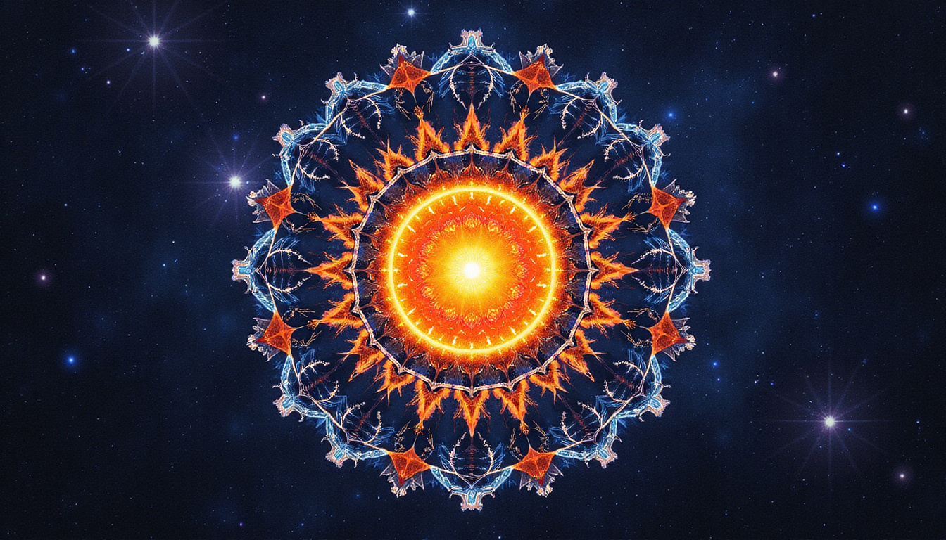 mystical cosmic mandala centered on sun, keys and fractal life-patterns, dark starry background