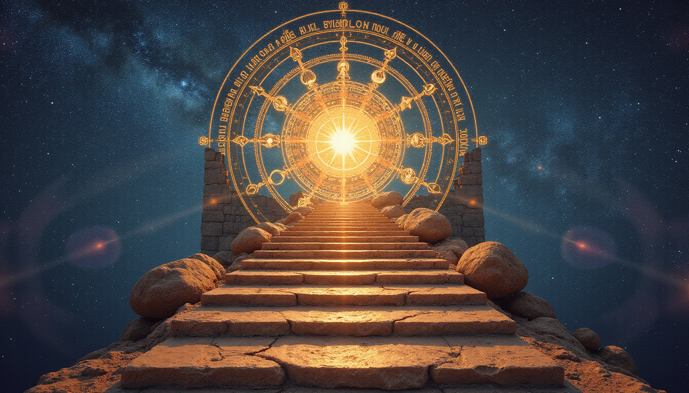 Ancient astrological chart unfolding as luminous compass, life-path staircase marked by zodiac glyphs