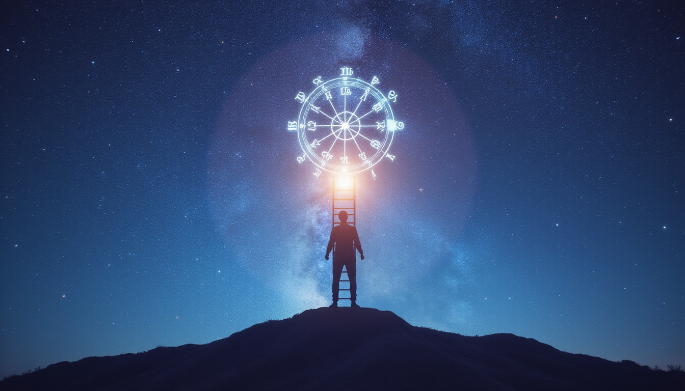 Silhouette ascending a ladder of stars toward a spotlight zodiac wheel at zenith