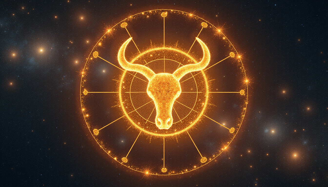Glowing zodiac chart, Taurus glyph connecting with Scorpio and Capricorn, golden cosmic spark