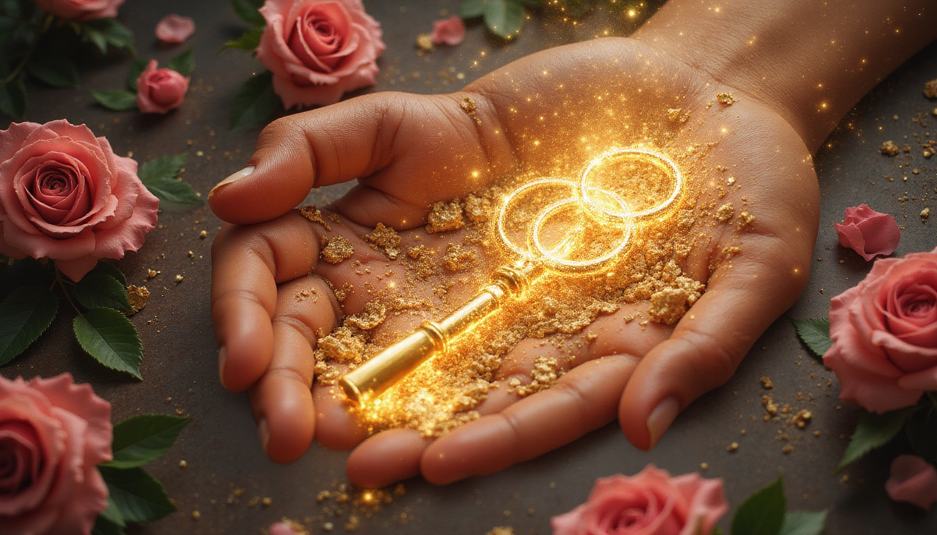  Ethereal astrologer revealing secret golden keys unlocking blooming roses, cosmic light transforming love