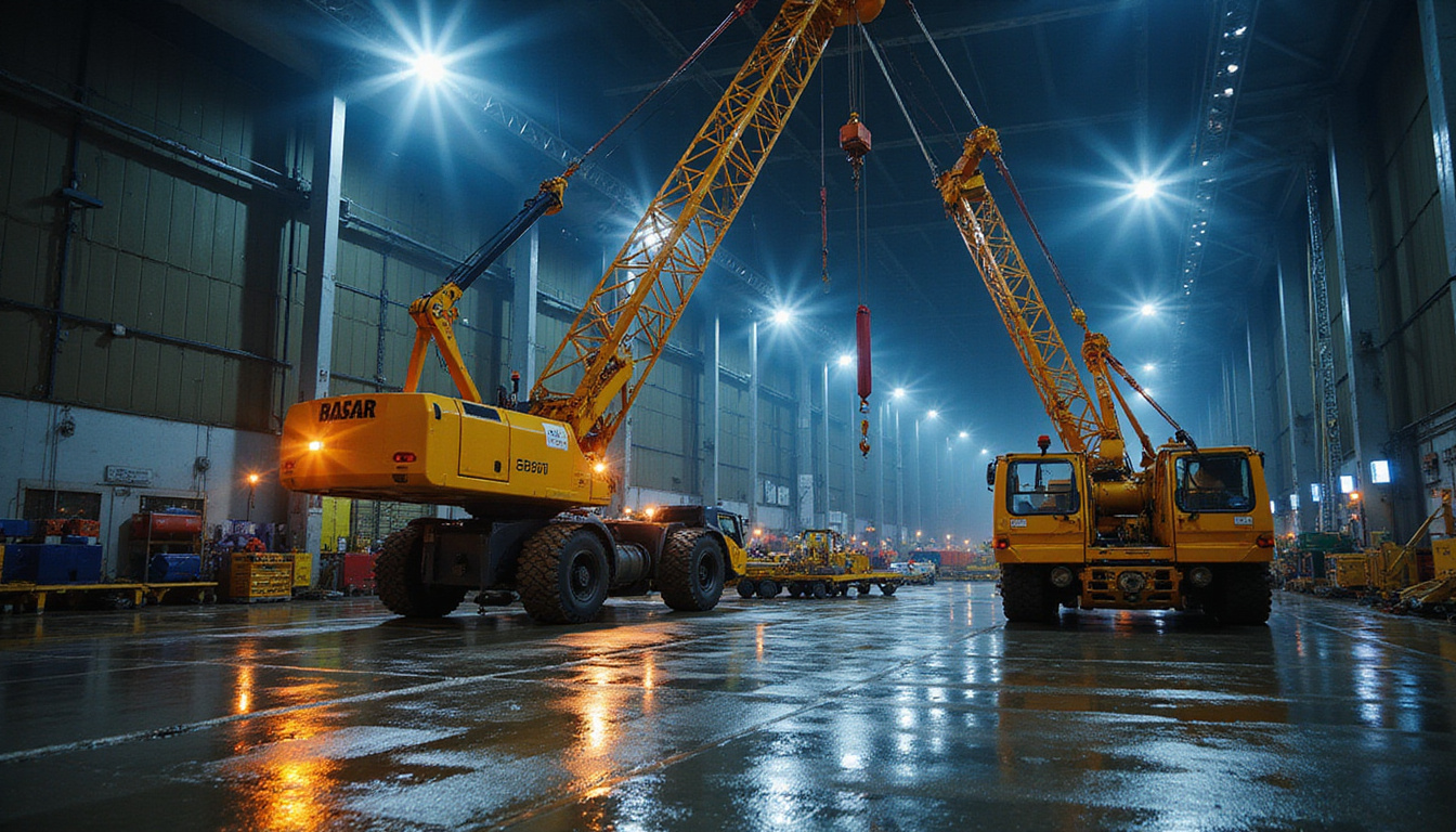  heavy machinery automatically shifting loads across cranes, safety lights, workers wearing high-visibility gear