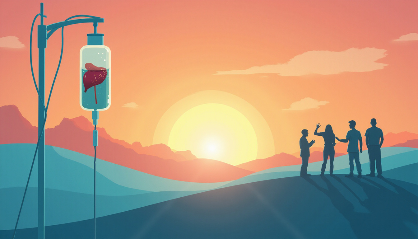  Patient recovery montage: IV fluids, healing liver illustration, medical team, hopeful sunrise background