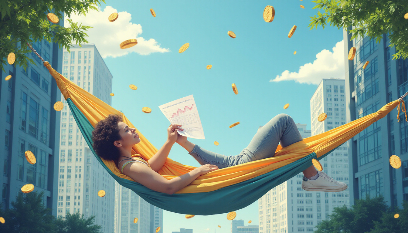  Relaxed entrepreneur in hammock between skyscrapers, cascading coins and growth charts, blueprint in hand