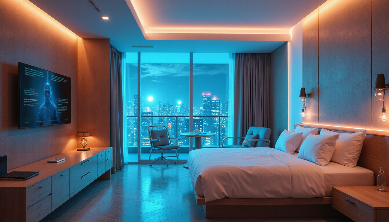 Futuristic personalized suite with holographic concierge, adaptive ambient lighting, biometric interface, seamless smart surfaces