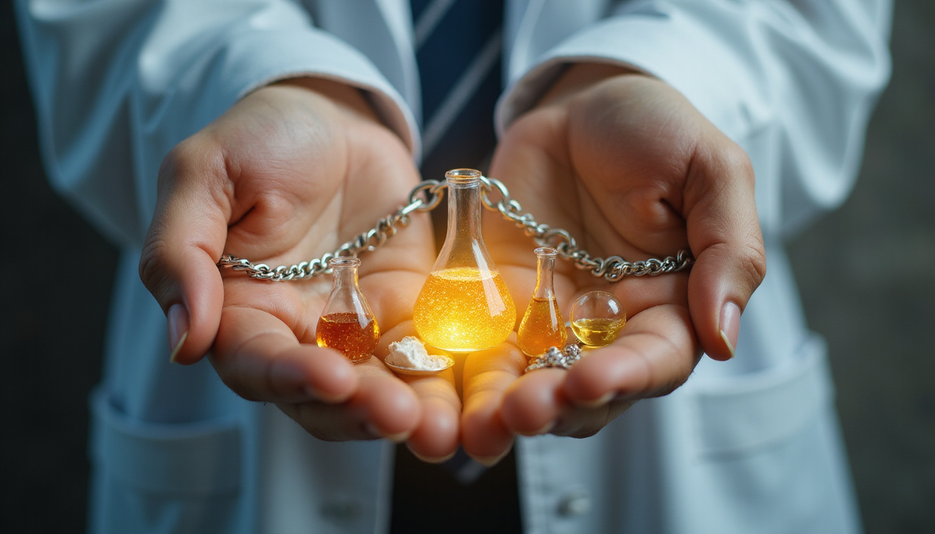  Photorealistic hands holding charm bracelet with mini lab beakers, probability graphs, golden aura