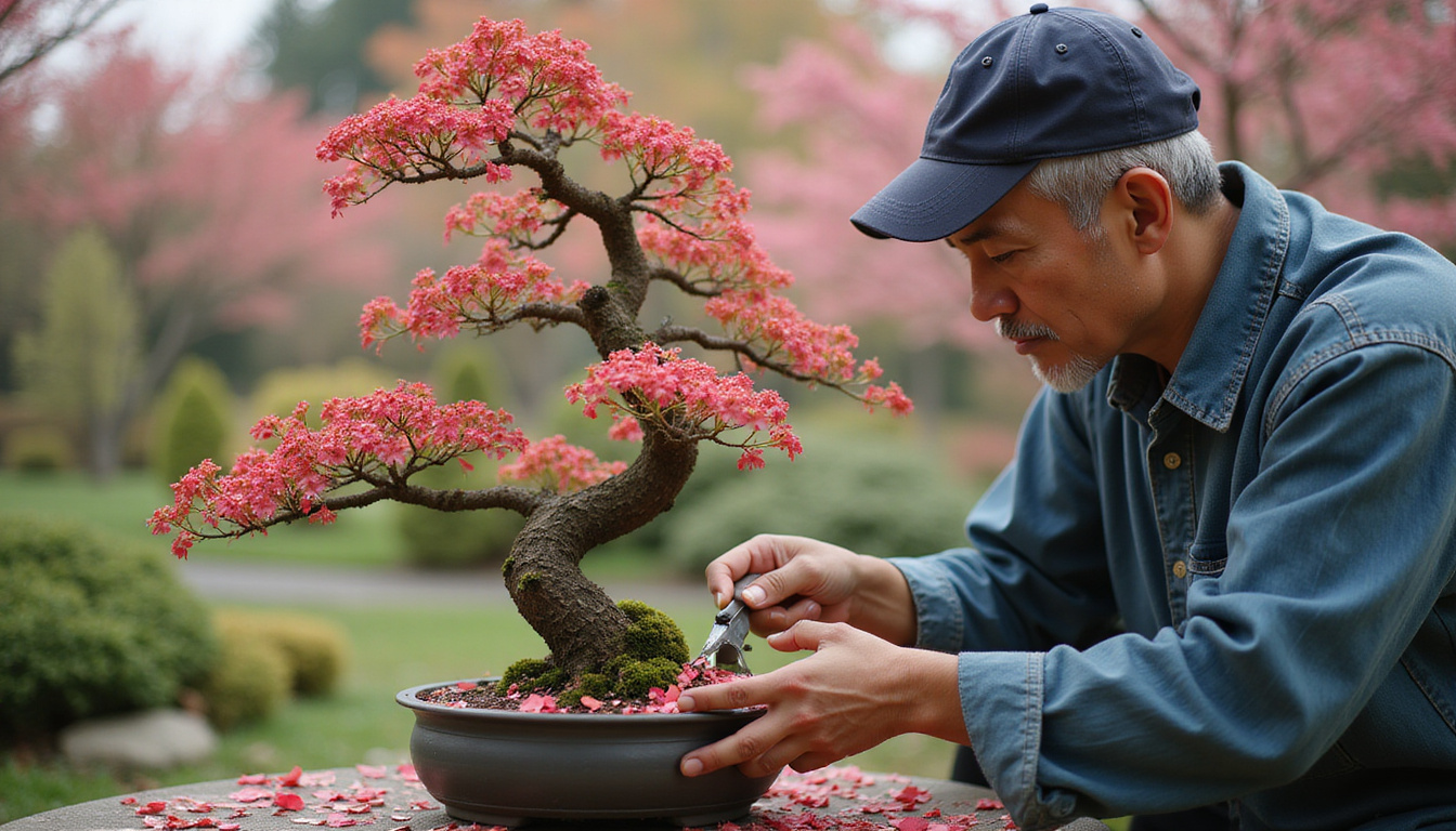  Seasoned gardener pruning bonsai plum tree, fragrant petals drifting, serene Japanese garden