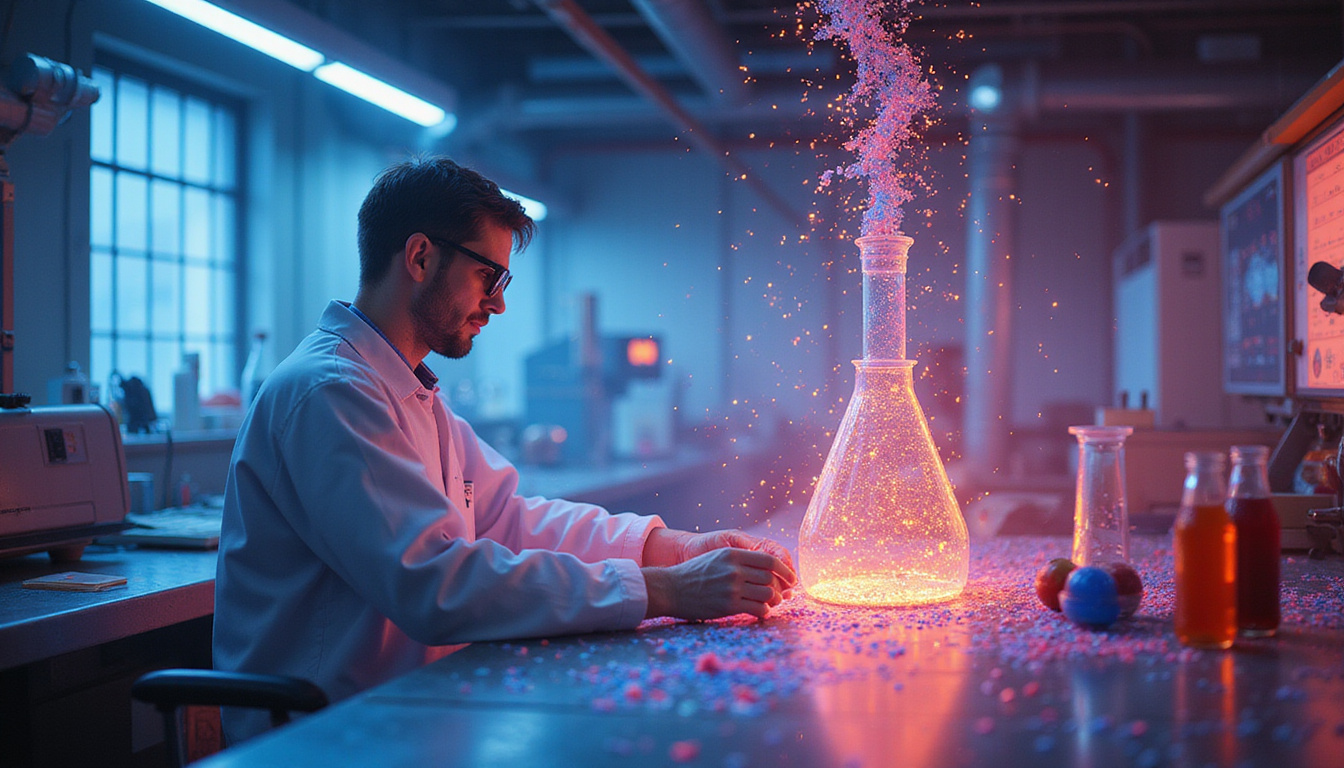  Industrial lab scene with scientist tuning viscosity, holographic flow maps, dynamic color gradients