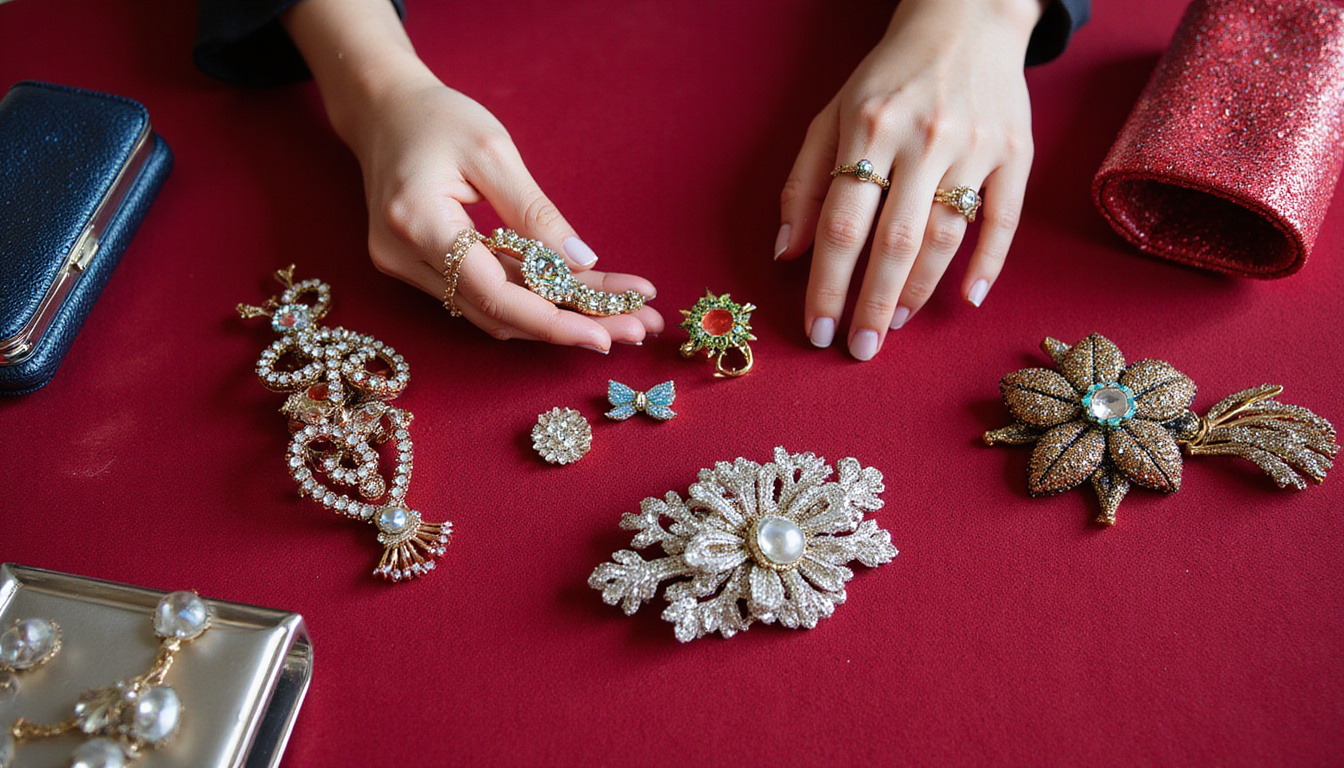 Stylist’s hands choosing crowns, brooches, sequined clutches, contrasting textures on velvet backdrop
