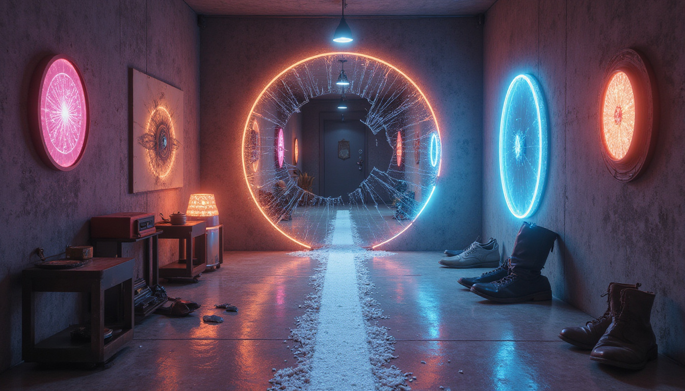  Modern hallway with talismans, cracked mirror, salt line, shoes aligned, subtle mystical aura