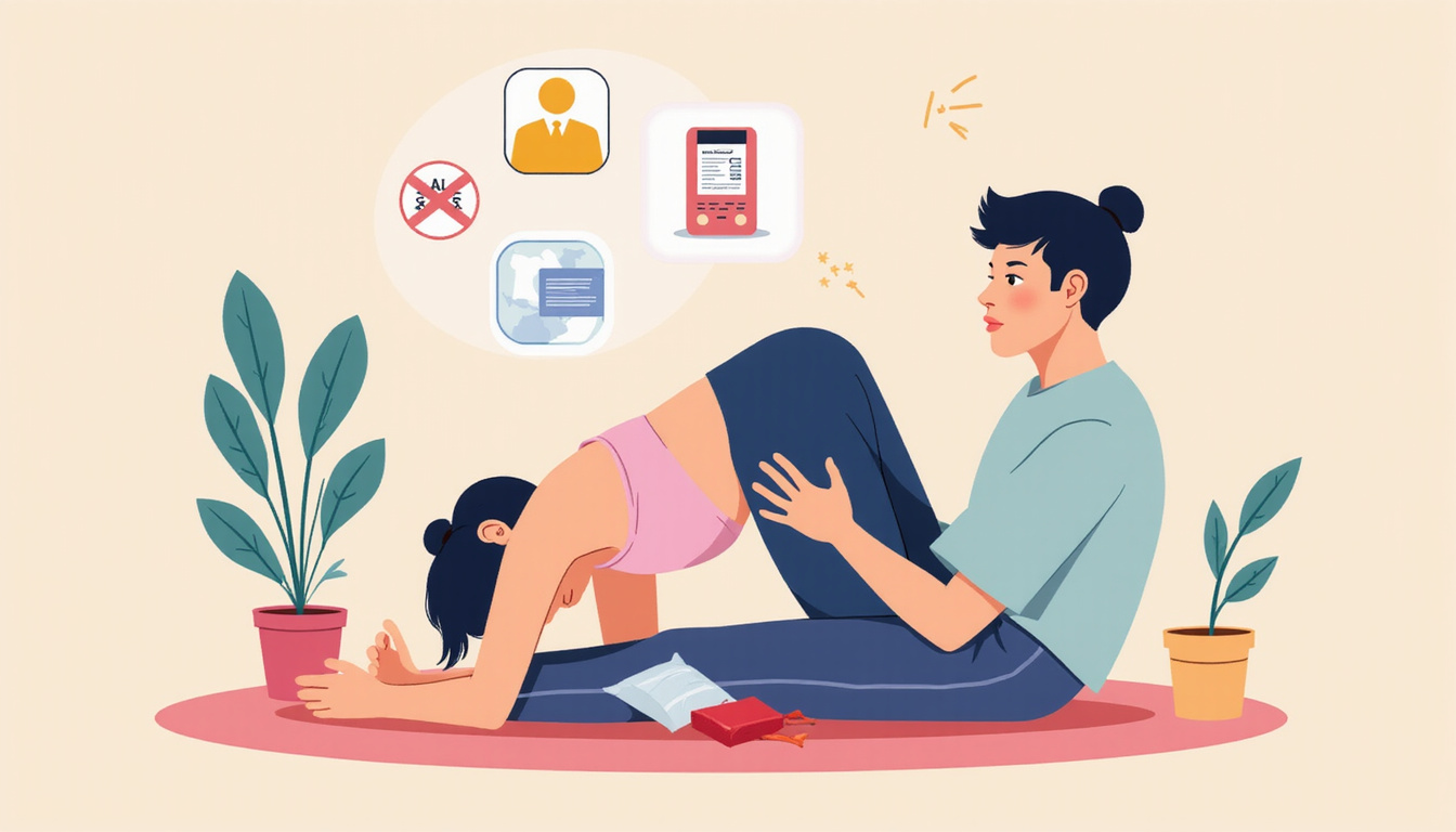 Recovery scene: patient performing gentle pelvic exercises, ice pack, illustrated risks icons