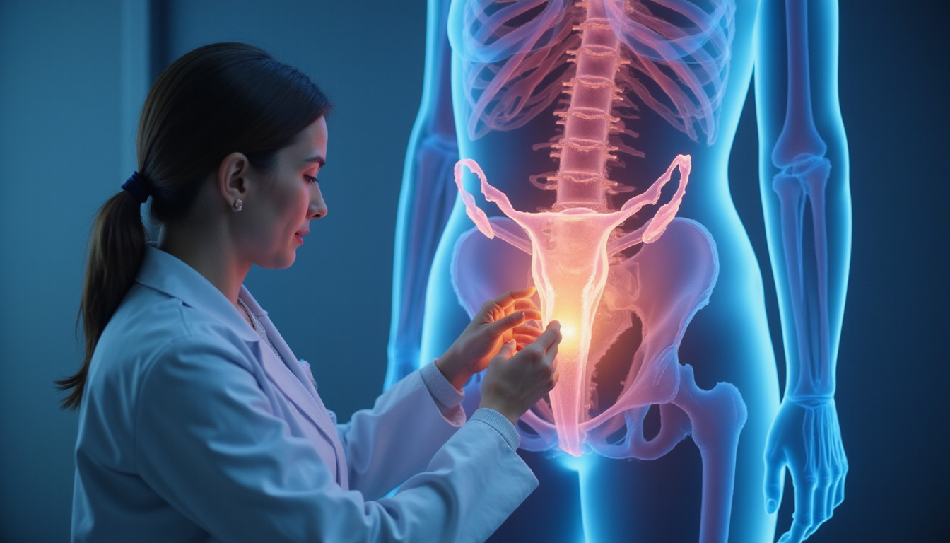  Clinical diagnostic scene: gynecologist examining cervix, transparent anatomy overlay showing risk zones