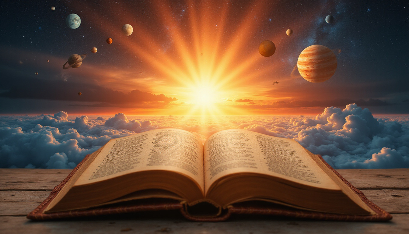 Vintage leather electional astrology book open, radiant calendar, planets aligning over sunrise