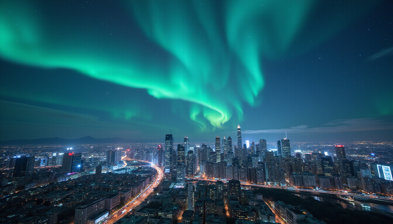  urban skyline plunged into darkness, fiber-optic cables glowing, aurora overhead, technicians racing to repair