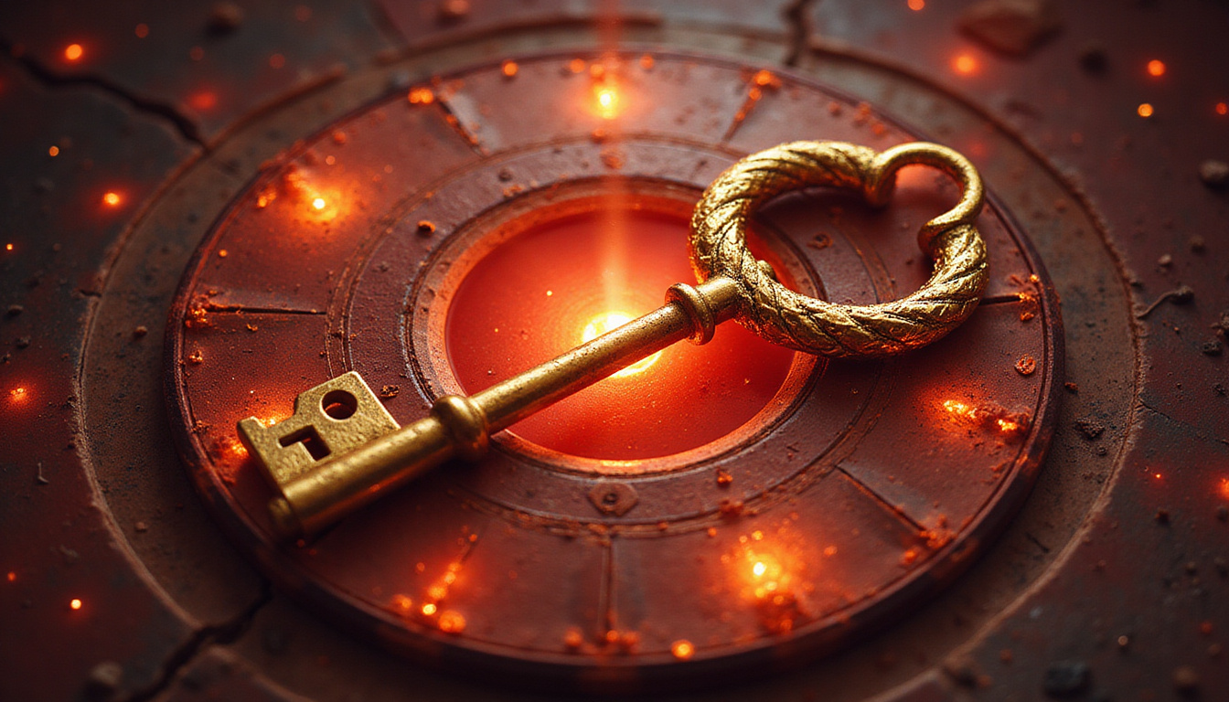  Golden key unlocking eighth house portal, tarot cards, ouroboros, smoky crimson aura, power and trust