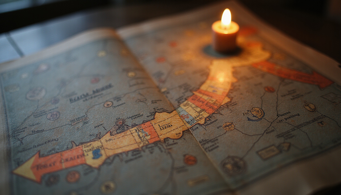  Fast-track roadmap of zodiac signs, luminous arrows, annotated steps, vintage chart, soft candlelight