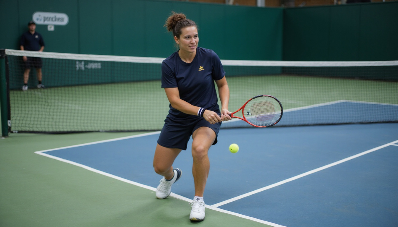  Coach demonstrating microbreak routine beside net, racquet lean, motion blur, energized recovery glow