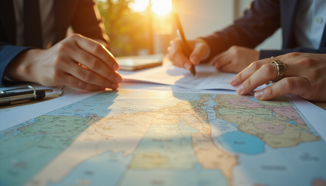  Real estate investor analyzing property charts over Egyptian map, golden light, Arabic "For Sale" signs