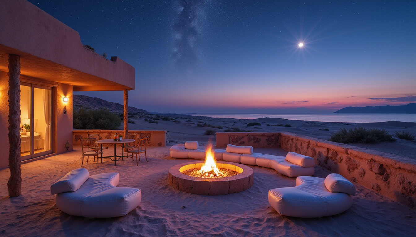  Opulent Bedouin-inspired terrace with plush seating, private fire pit, panoramic sand sea, moonlit sky