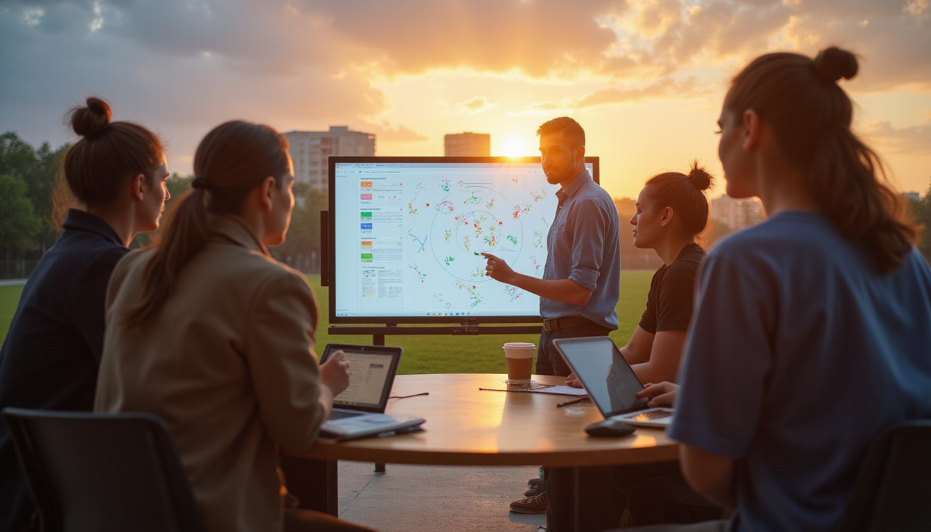  Team huddle studying whiteboard field placements and analytics, dramatic evening light, cinematic