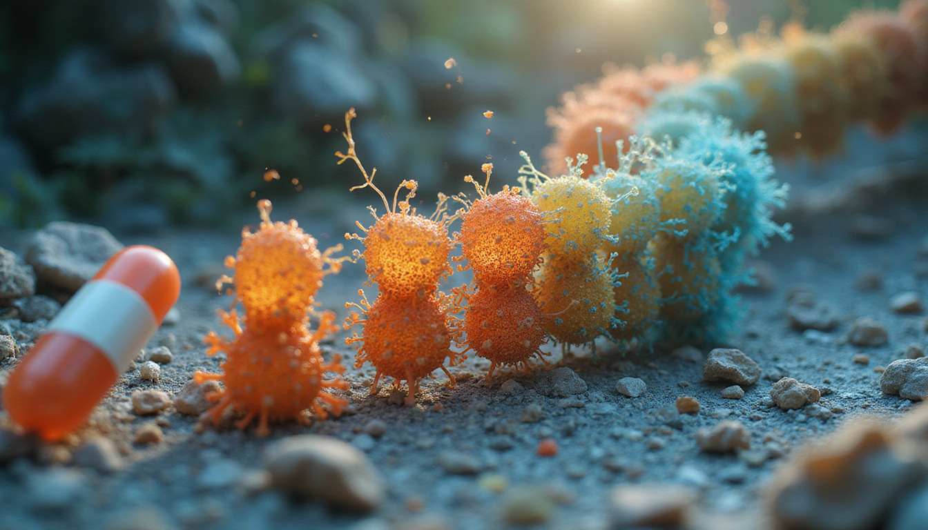  Tiny pill triggering towering domino cascade of cells transforming into flourishing organism, surreal science art