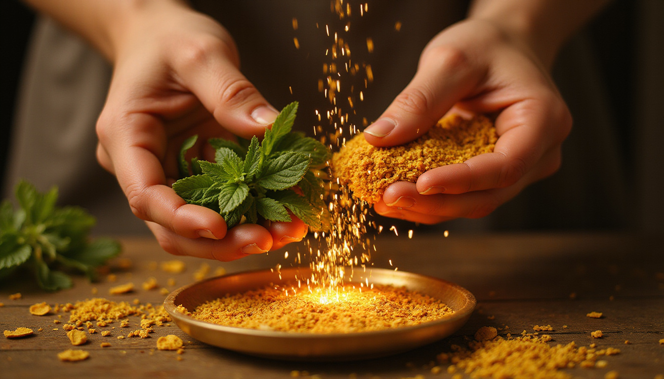 Hands sprinkling fresh mint and rosemary over golden talisman, warm amber light
