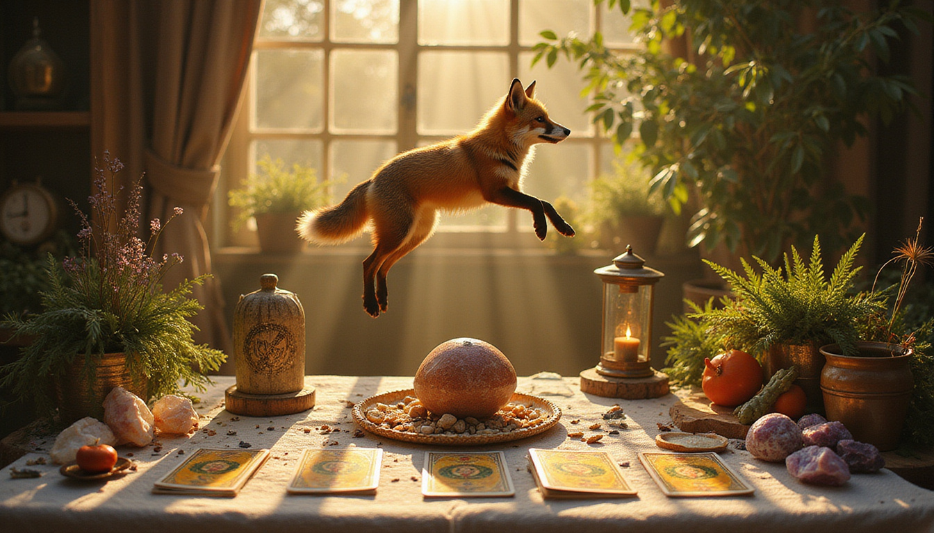 Ancient altar of feathers, crystals, herbs, tarot cards, fox spirit hovering in golden light