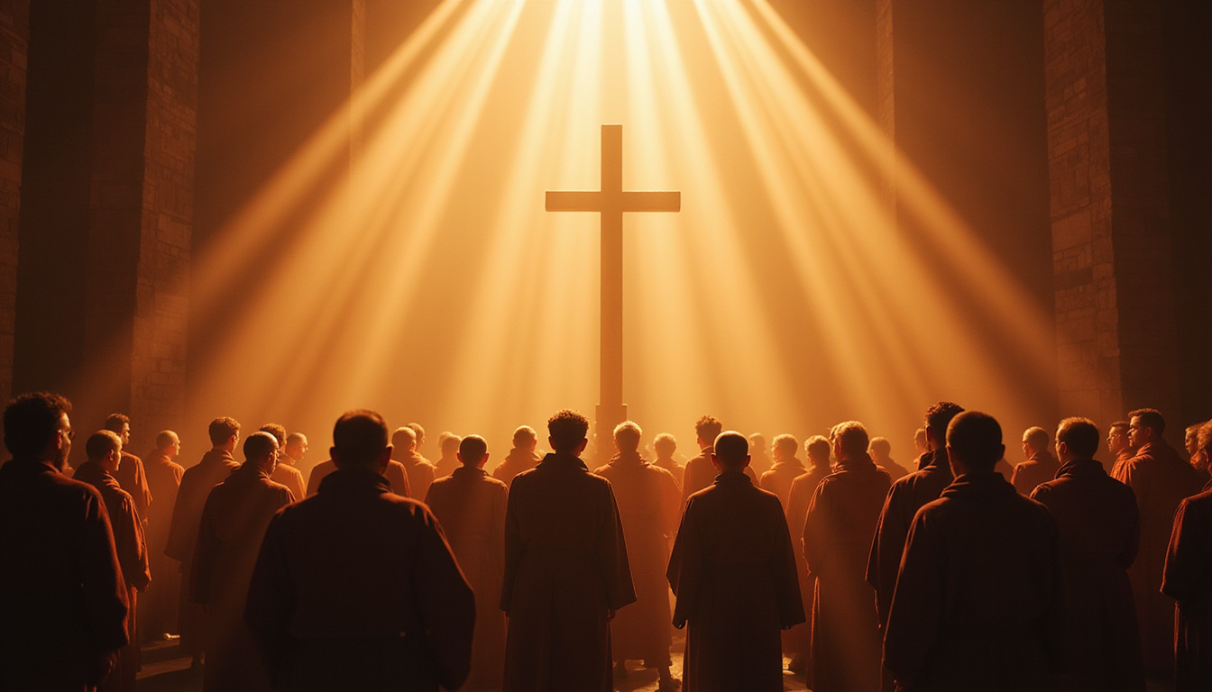  Modern church choir and ancient monks singing psalms, light rays, timeless spiritual transformation