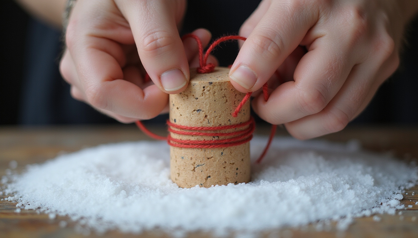 Hands sealing cork with red thread, reversed curses unraveling into white smoke, salt circle
