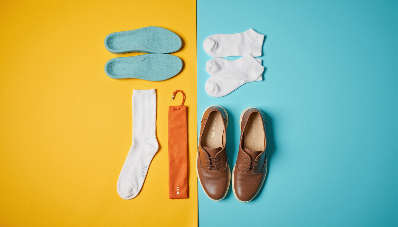  Minimalist shoes starter kit flat lay, socks, foot stretching guide, instructional infographic style