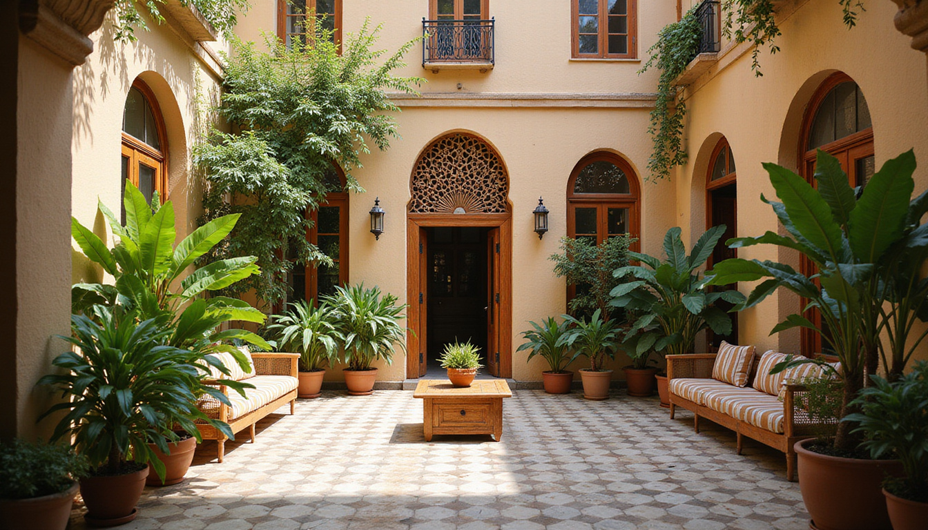 Traditional Egyptian courtyard home with ornate mashrabiya, tiled floors, lush plants, investor and renter negotiating