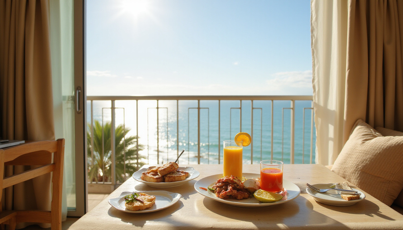 Sunlit ocean-view suite balcony, styled breakfast, shallow depth of field, editorial hospitality branding