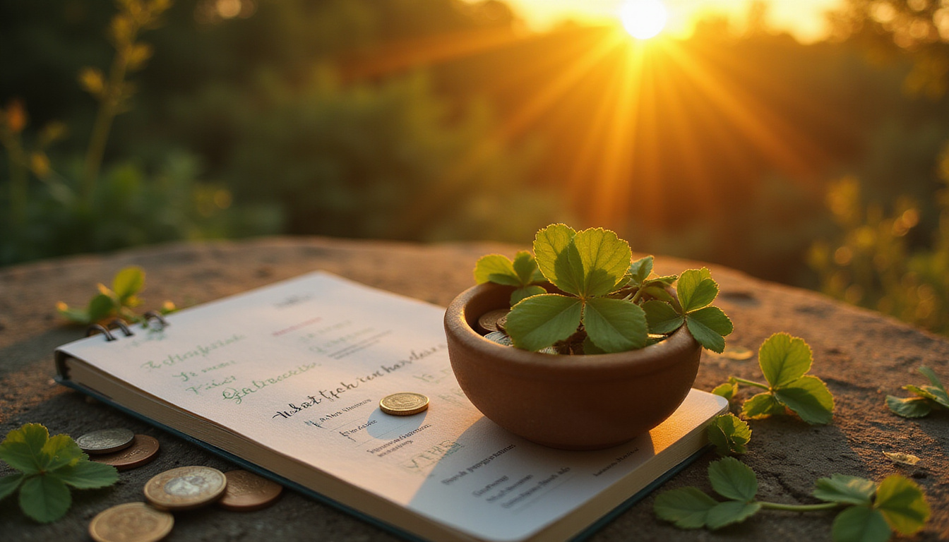  Cozy ritual scene: journal, habit tracker, coin bowl, four-leaf clover, sunrise, warm hopeful glow