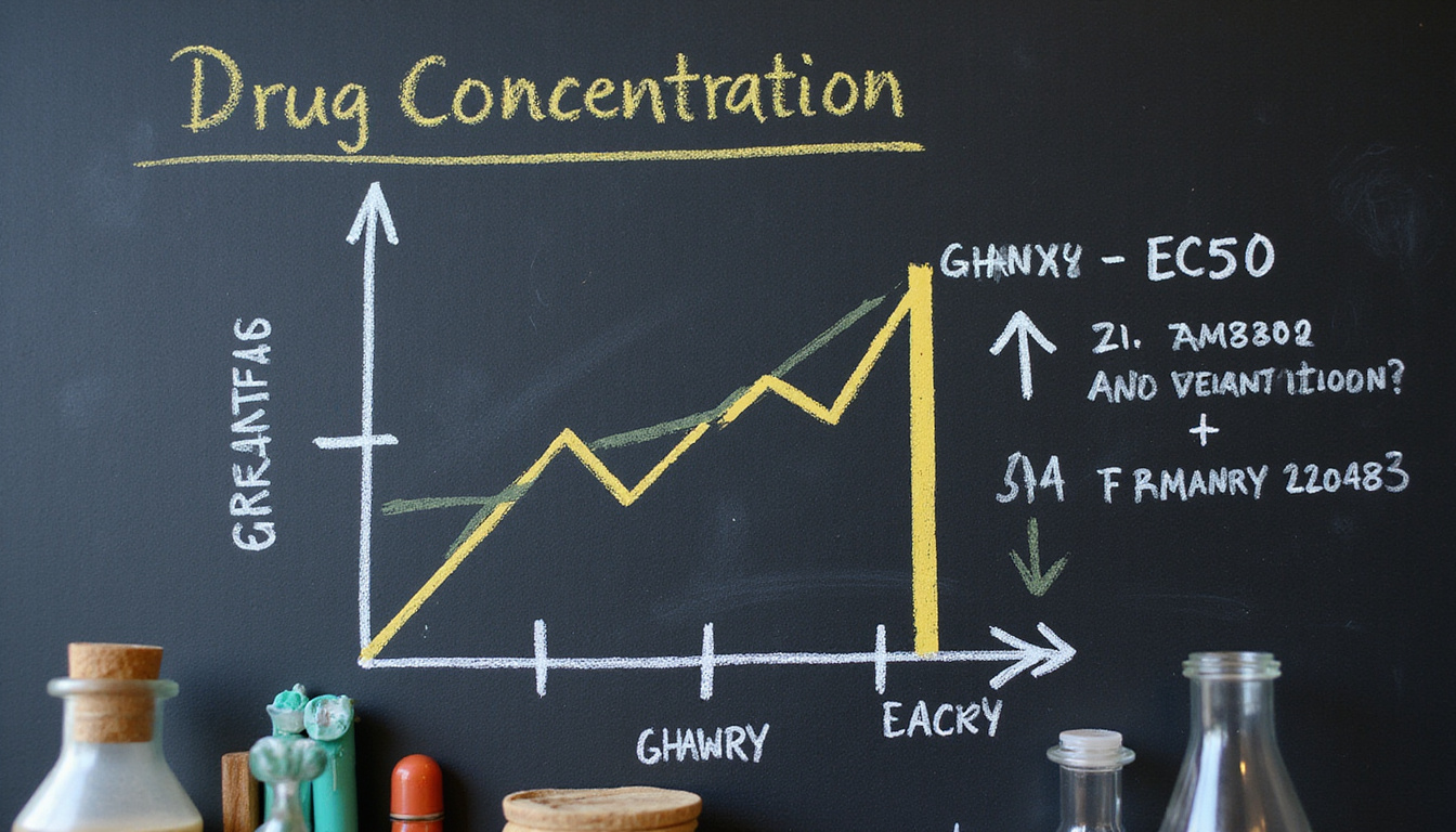  Chalkboard-style infographic: drug concentration graph, EC50 marker, pills, lab glassware, schematic arrows