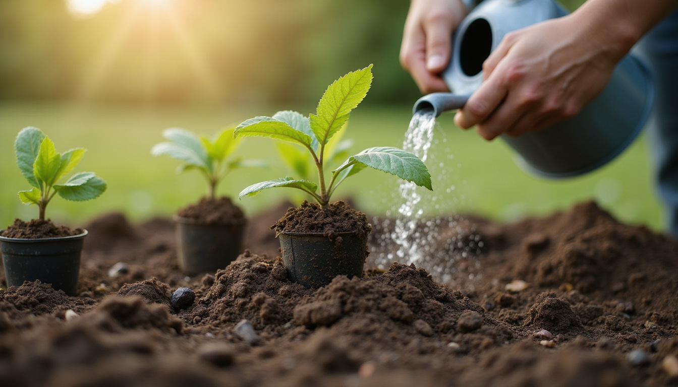 Hands planting honesty seedlings in rich soil, watering can, labeled pots, soft morning light