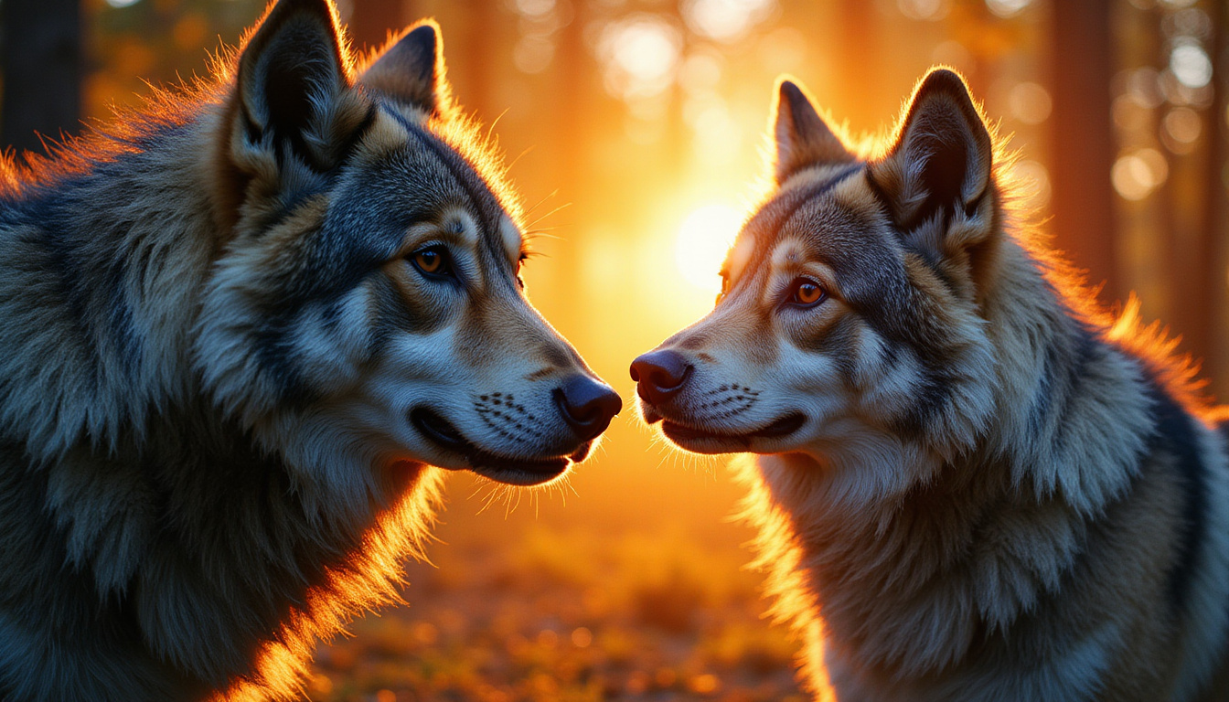  Split-scene: prehistoric wolves to domestic dogs, neurons, instinct icons, cinematic golden-hour lighting