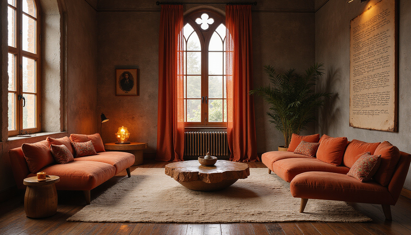  Contemporary interior design inspired by gothic script and vellum textures, minimal furniture, warm candlelight