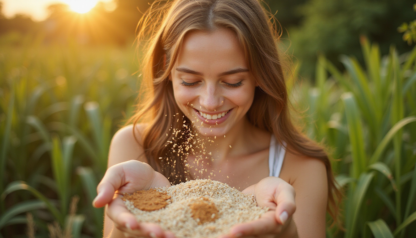  Morning ritual: smiling woman sprinkling rice and cinnamon, green plants, golden light